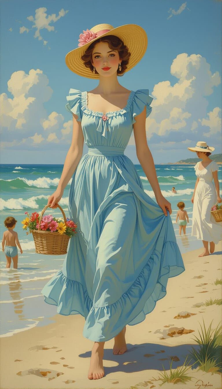 Vintage Seaside Woman in Summer Dress