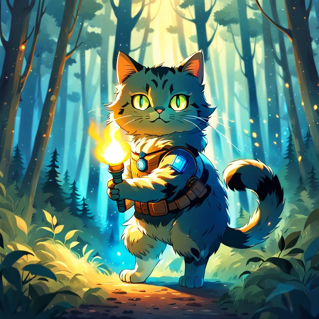 Anime Cat in Forest Holding Torch