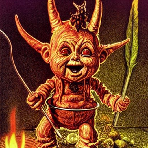 Grotesque Goblins in Rotisserie Oven, Detailed Illustration