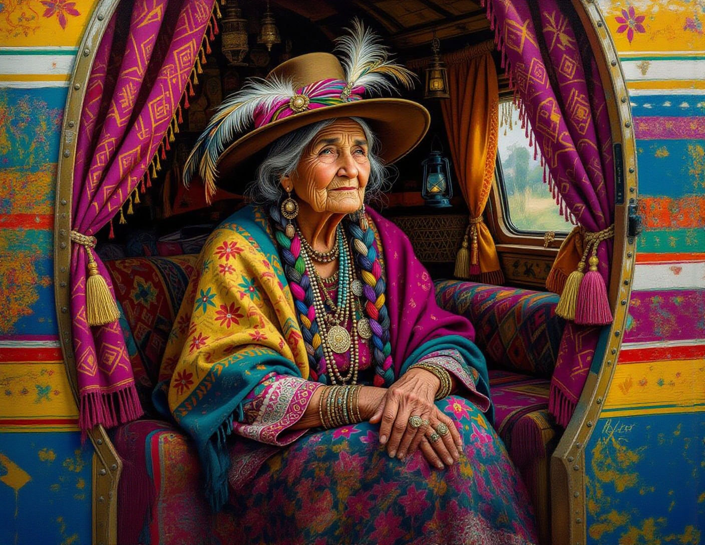 Gypsy Woman in Caravan: Oil Painting Portrait