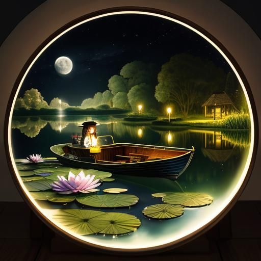 Girl in Boat on Moonlit Lily Lake with Gold