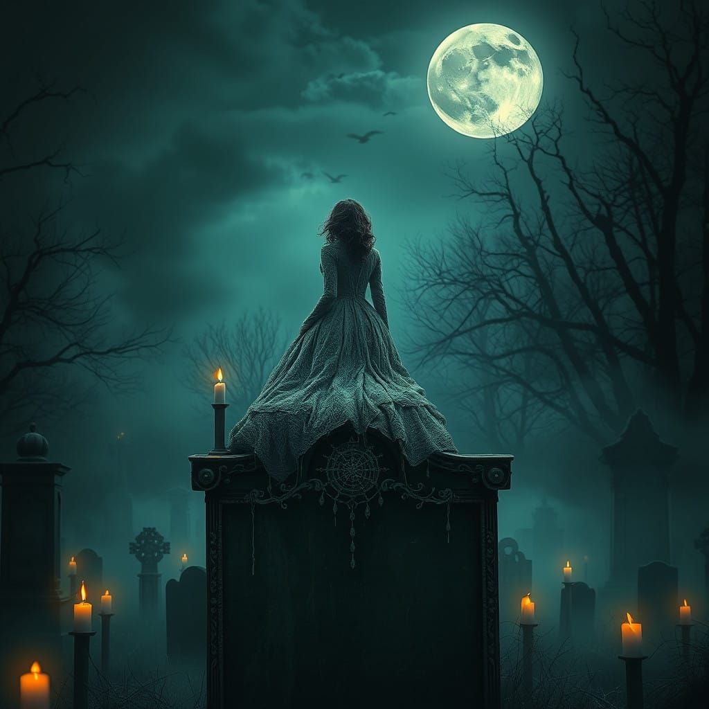 Ethereal Midnight Goddess in Forgotten Cemetery