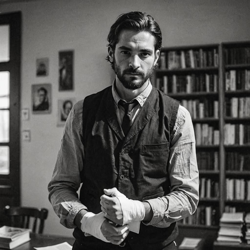 Monochrome Portrait of Bandaged Man Holding Book