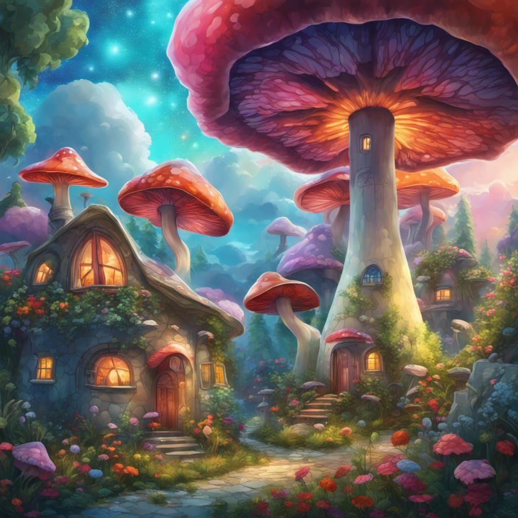 Futuristic Mushroom Houses in Impressionistic Style