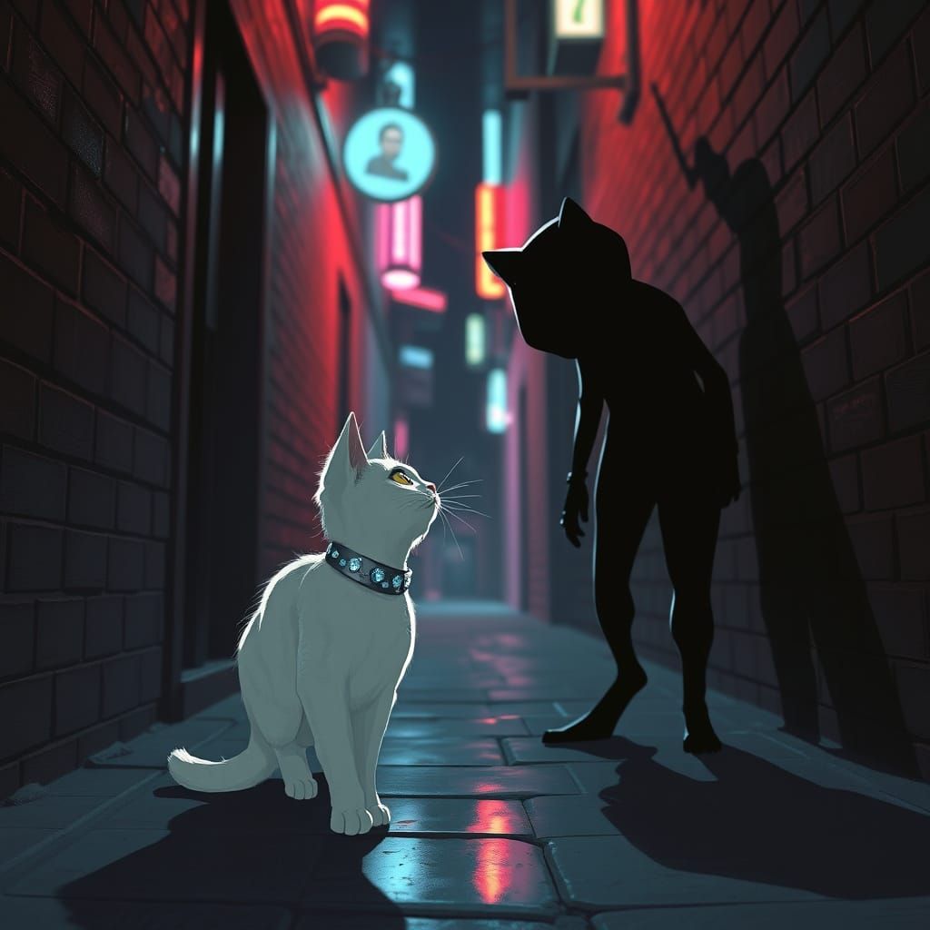 A Curious White Cat Meets His Dark Reflection in Neon-Lit Al...