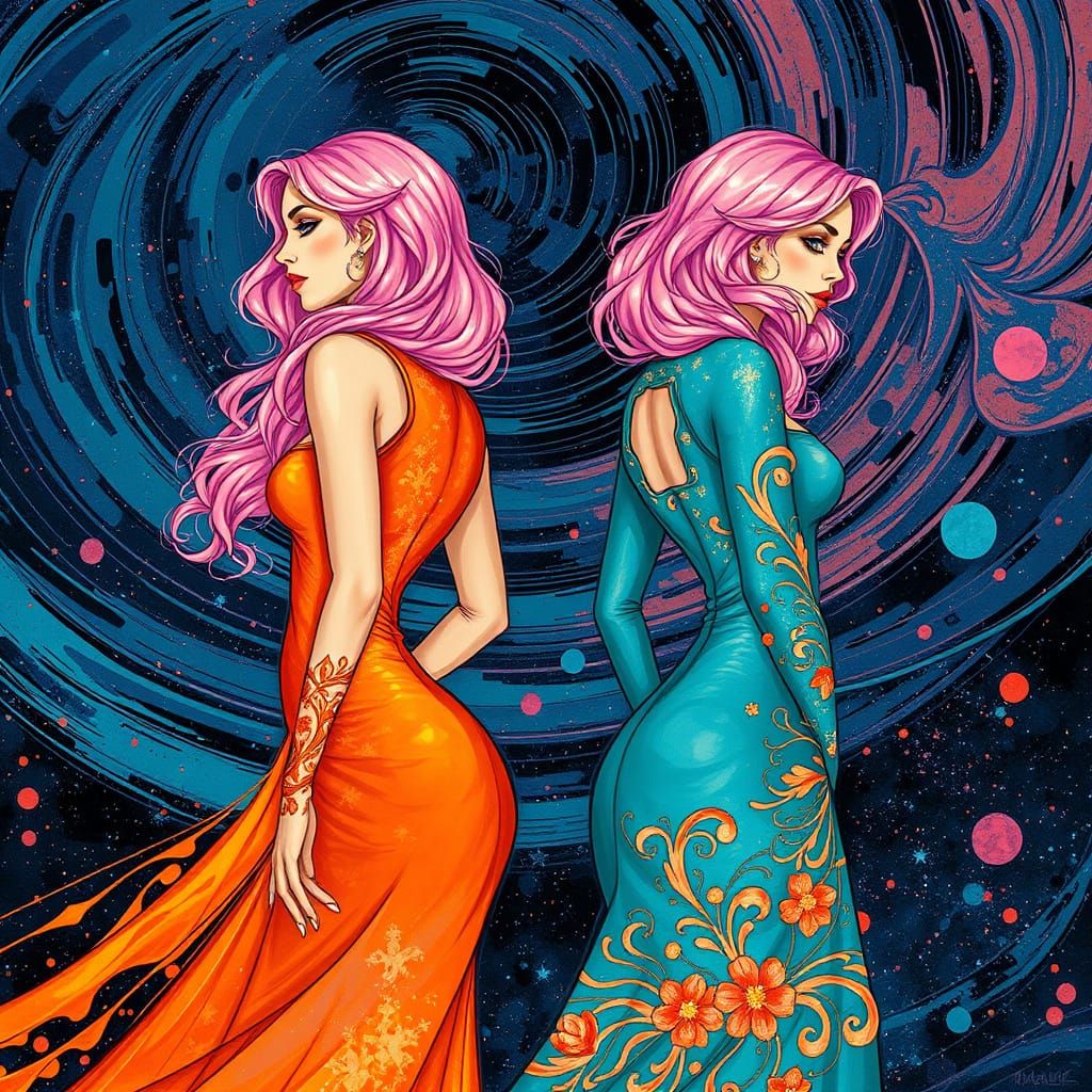 Pink-Haired Women in Starry Night Sky, Digital Art