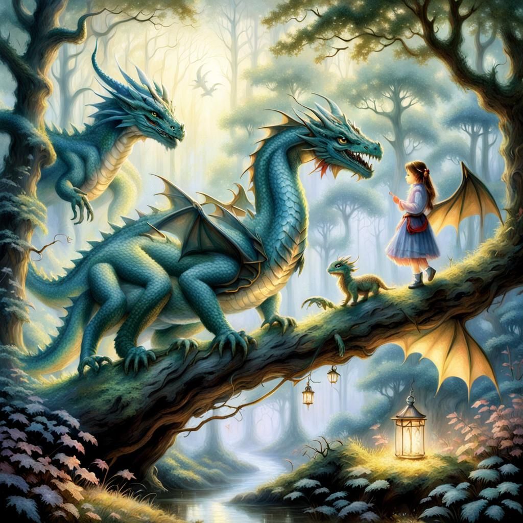 Girl and Dragons in Ethereal Forest Scene