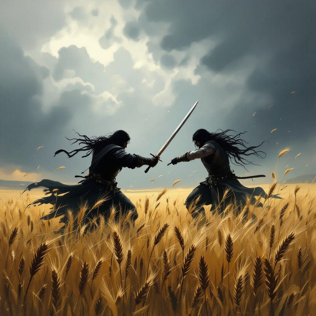 Warrior's Duel in Wheat Field Under Stormy Sky