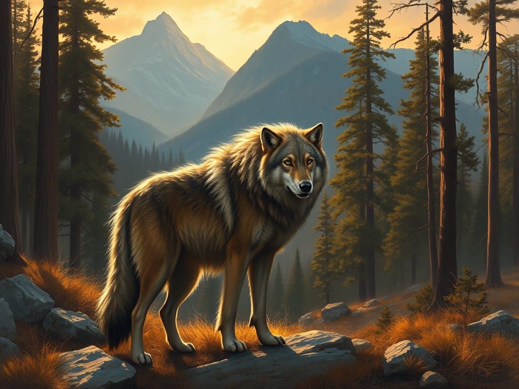 Majestic Dire Wolf in a Serene Forest Landscape