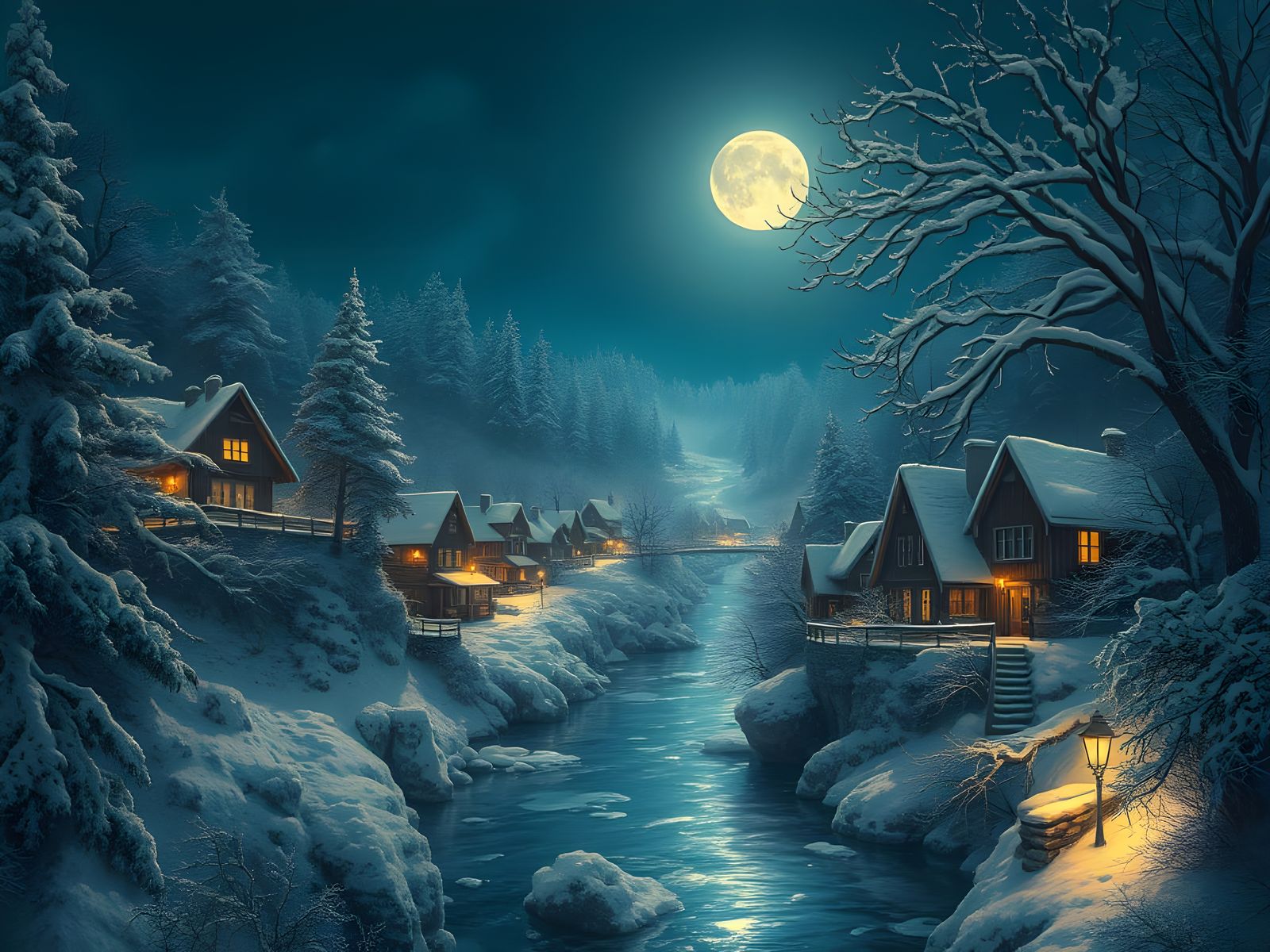 Enchanted Snowy Village Basks in Lunar Glow