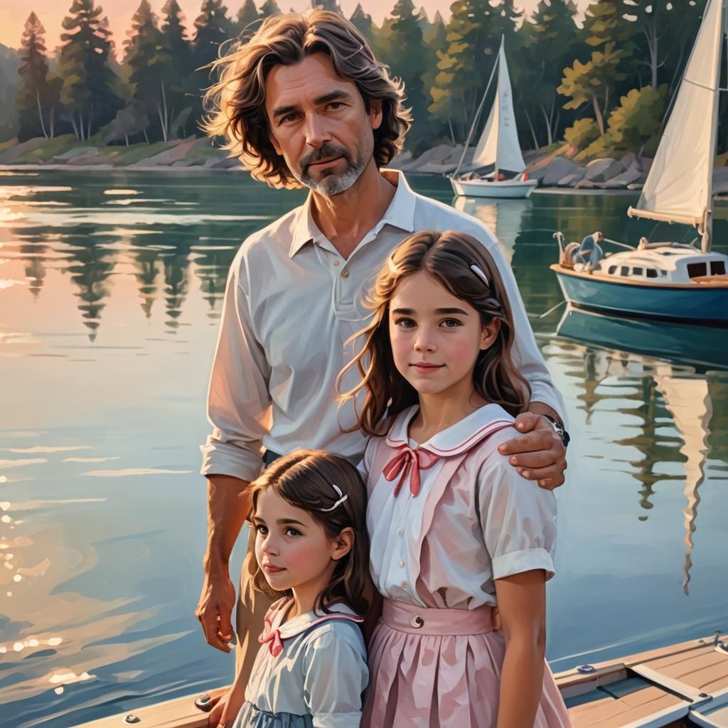 Whimsical Painting of Father and Daughter Sailing