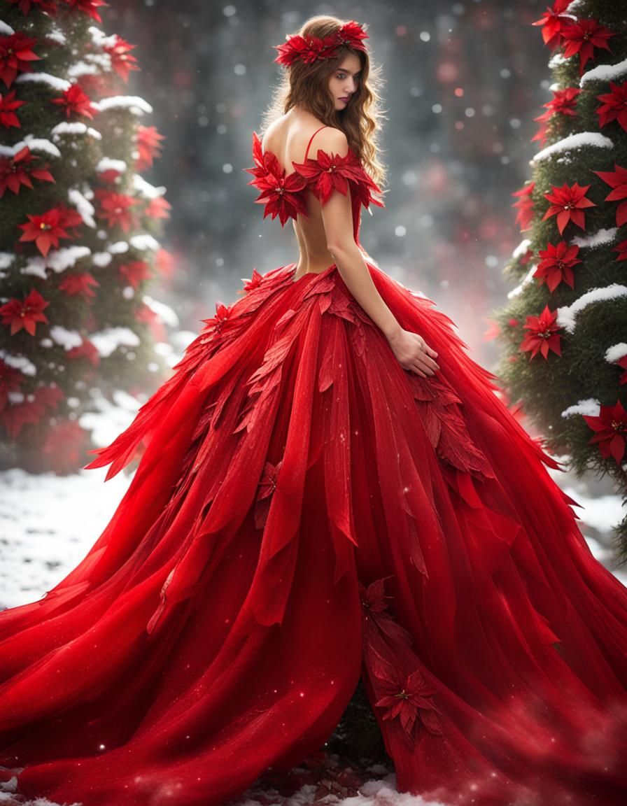 Angel in Red Christmas Gown with Fairy Wings