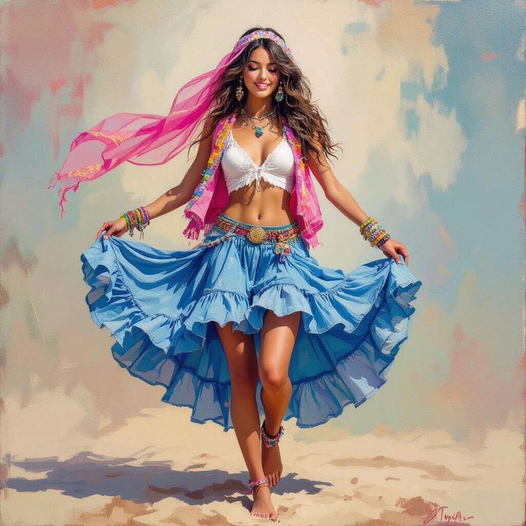 Young Hippie Woman Dancing on Sand in Acrylic Oil Painting S...