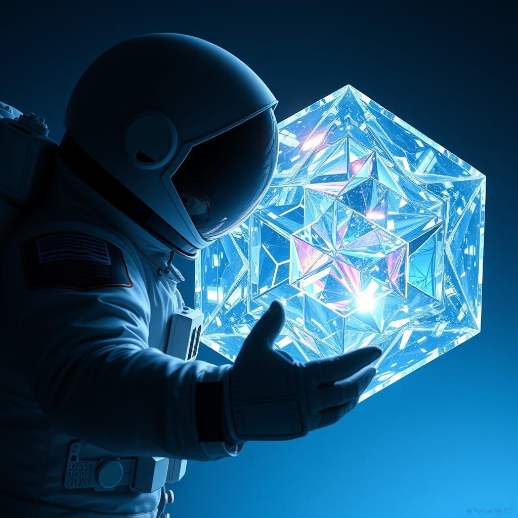 Astronaut Reaches for Infinite Tesseract in Shimmering Color...