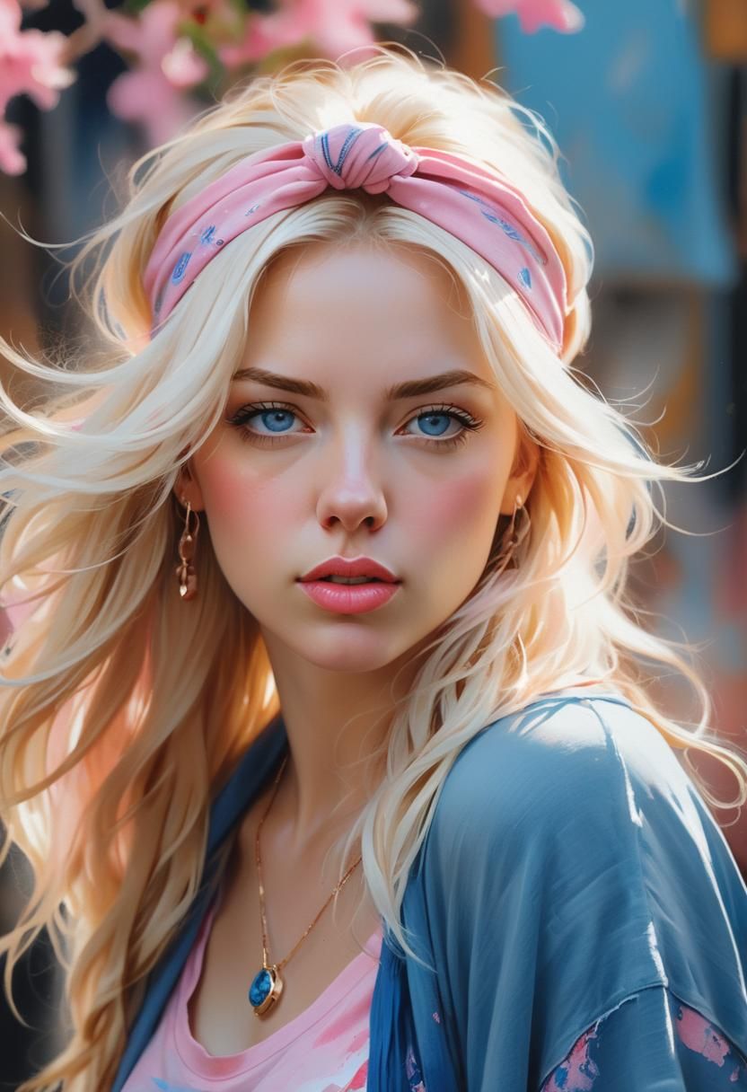 Blonde Woman Portrait in Gouache Watercolor Style