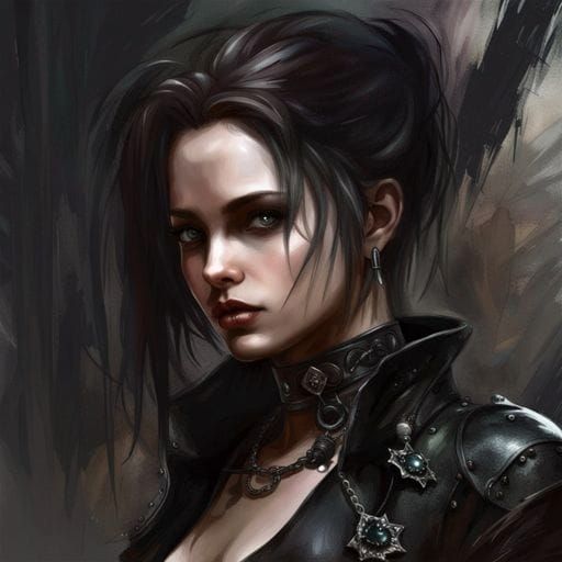 Gothic Woman in Leather Outfit, Striking Pose