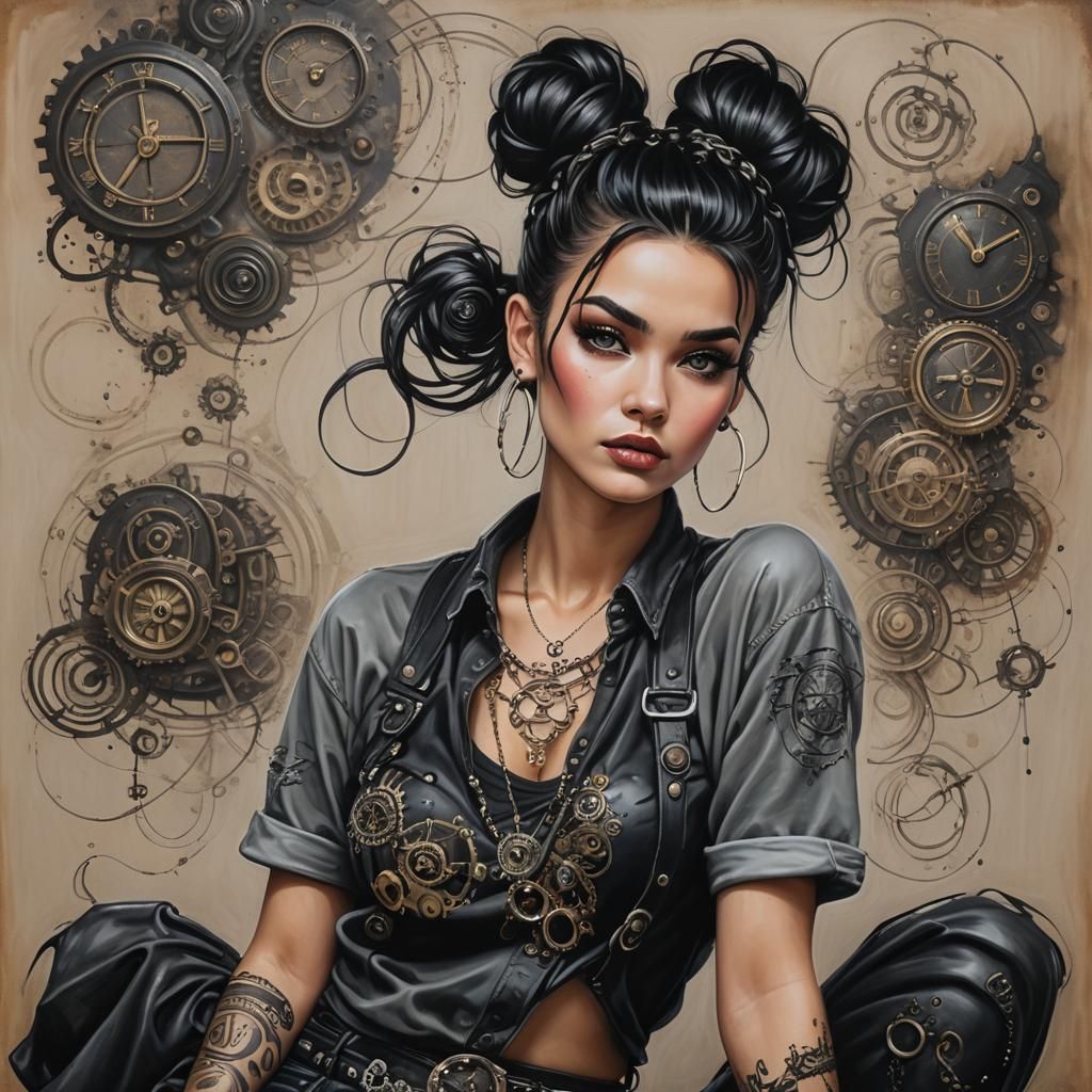 Steampunk Lady Kisses Puppy in Hyperrealistic Cityscape