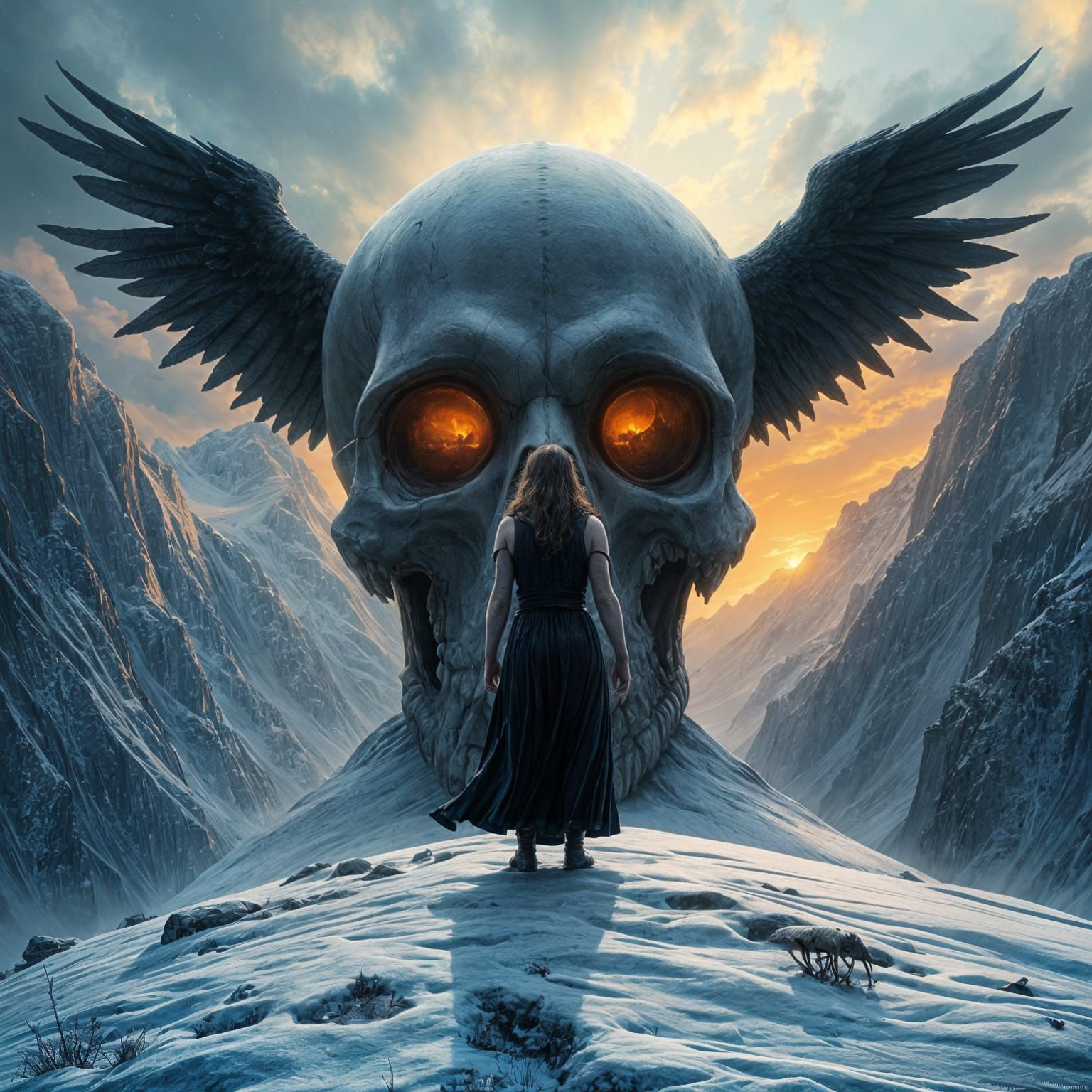 Colossal Skull and Angel in Frozen Landscape