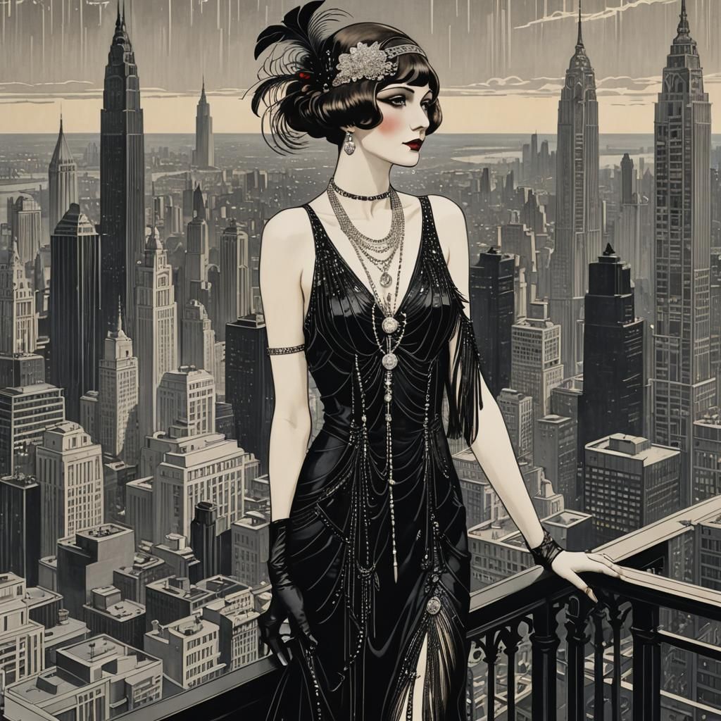 Flapper Over Retro-Futuristic City in Art Nouveau Style