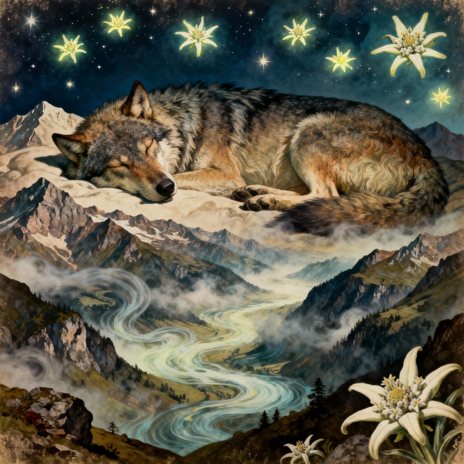 Surrealist Alps: Sleeping Wolves Form Mountains Under Starry...