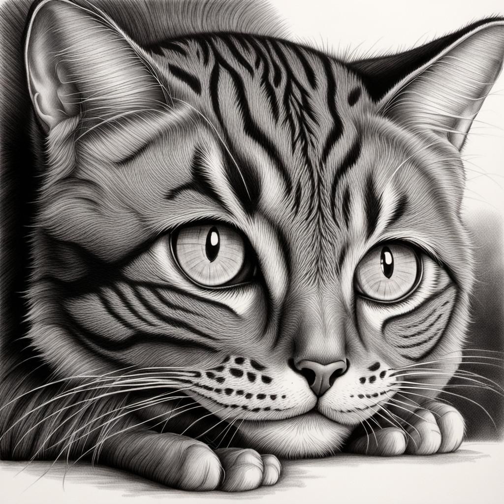 Expressive Cat Stares Intently: Charcoal Drawing