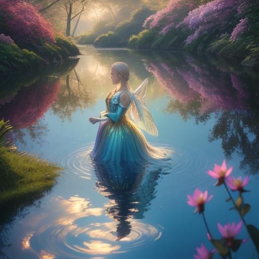Fairy Princess Touches Mirrored Reflection: Hyperrealistic D...