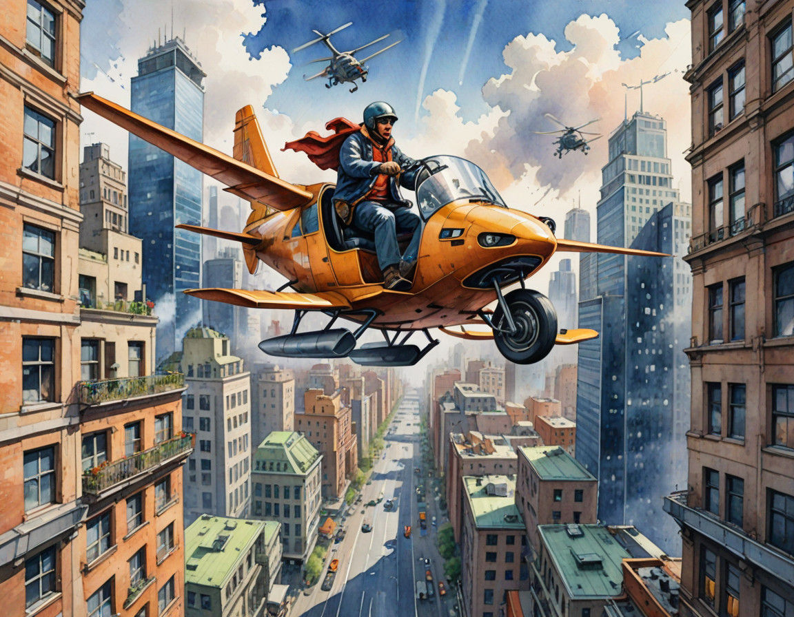 Aerial Scooter in a Futuristic Cityscape Watercolor Painting