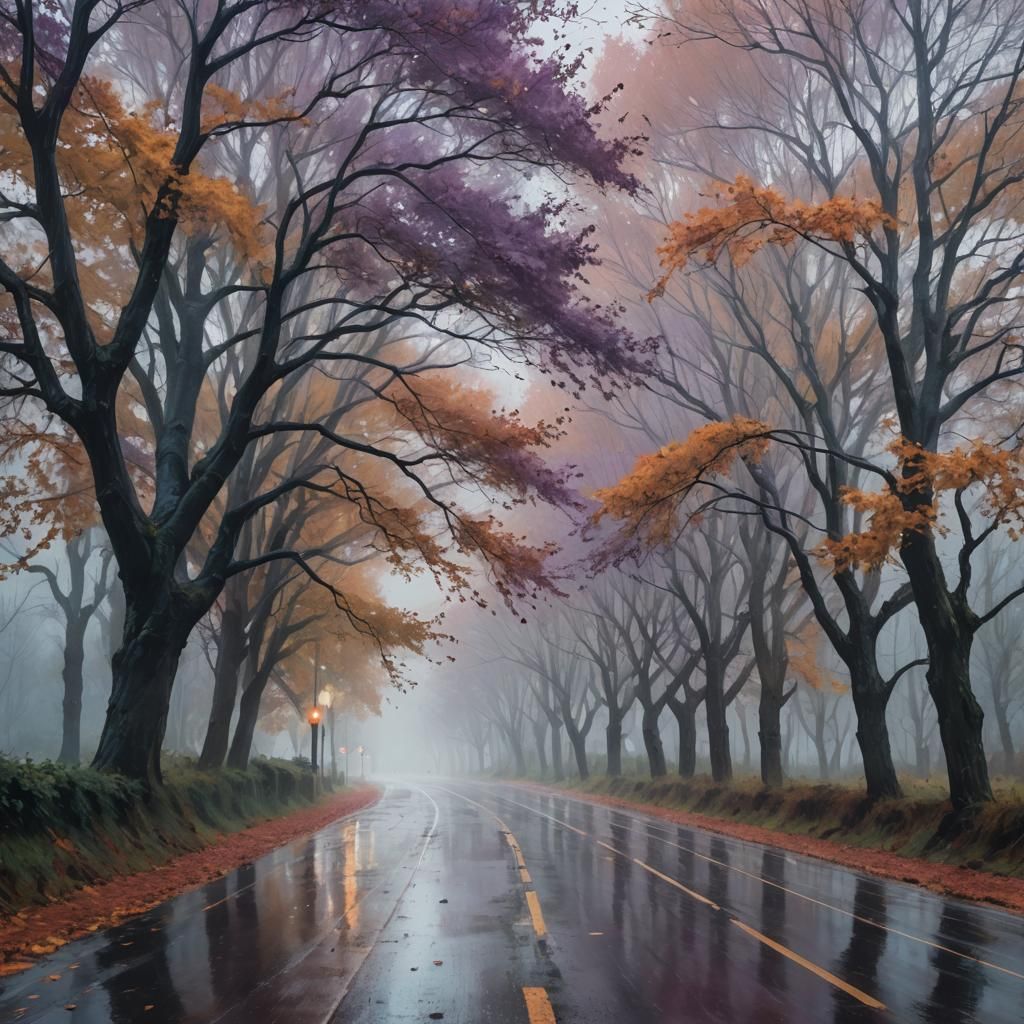 Rainy Autumn Road: Impressionist Landscape in 8K
