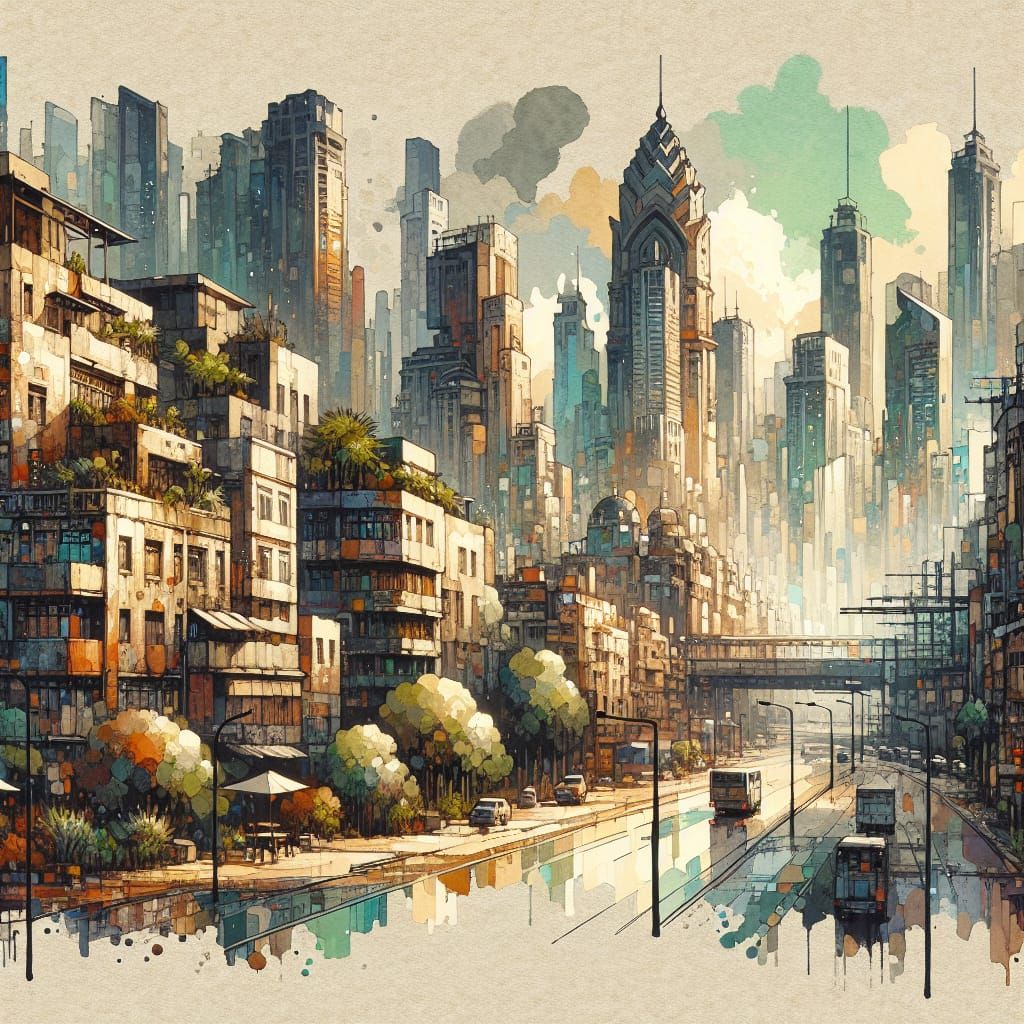 Cityscape in Impasto Gouache and Watercolour Style