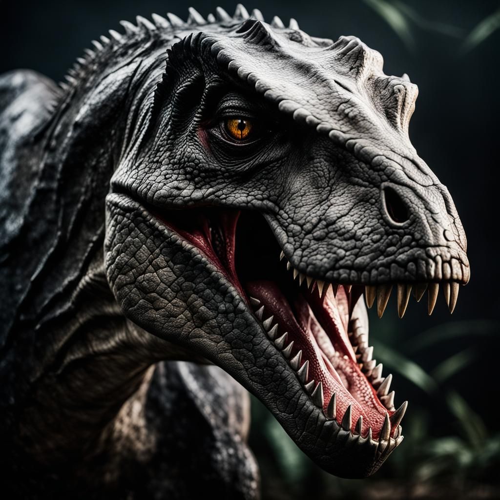 A more roaring,  Indominus rex, Indoraptor from Jurassic World.
 in the backround is a broken enclosure.