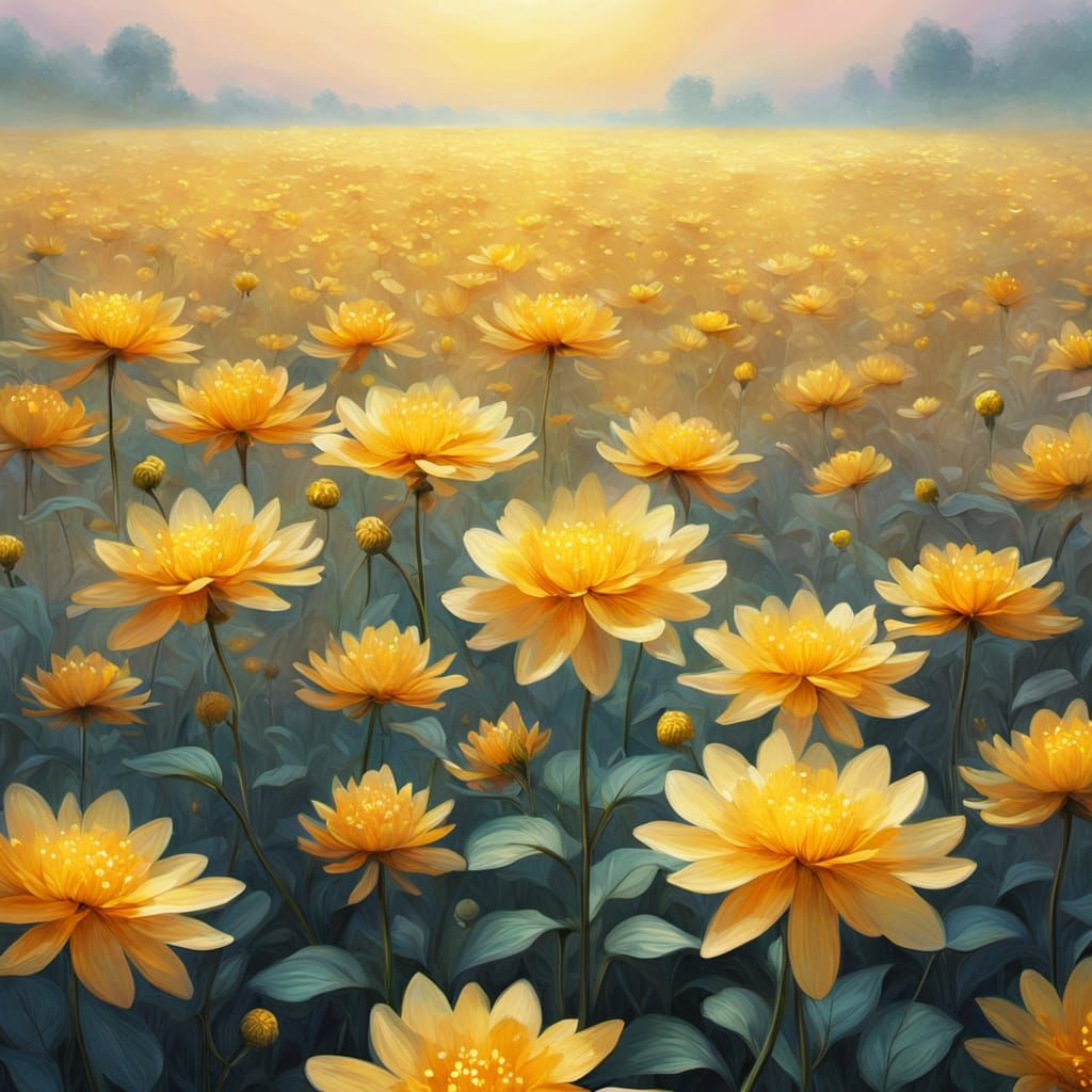 Golden Flower Field in Surreal Impressionist Style