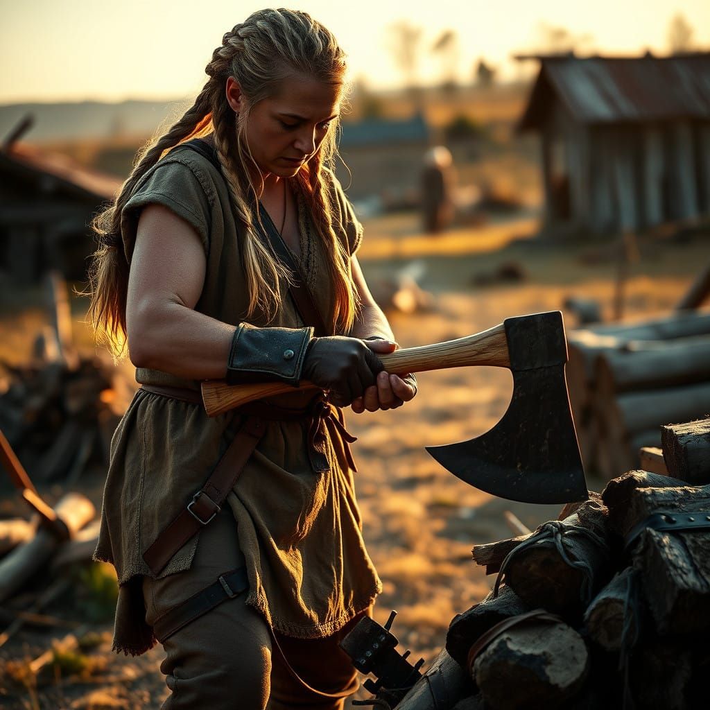 Strong Viking Farmer Chops Wood in 1400 AD Landscape