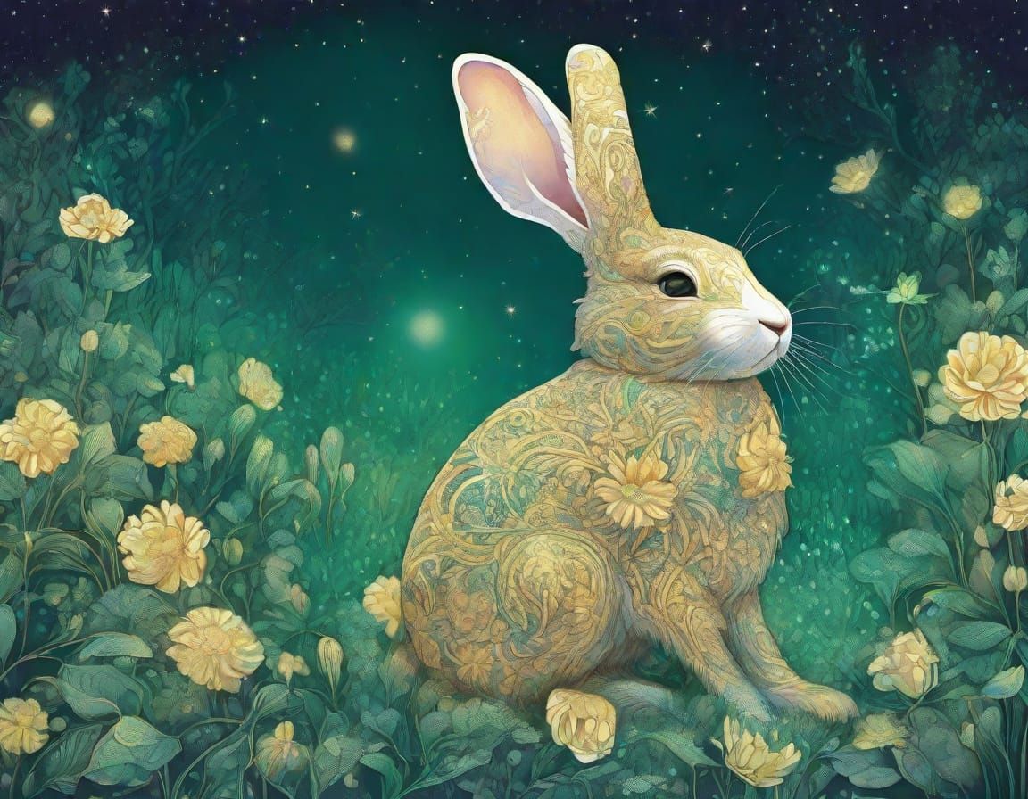 Golden Rabbit with Emerald Eyes in Bioluminescent Field
