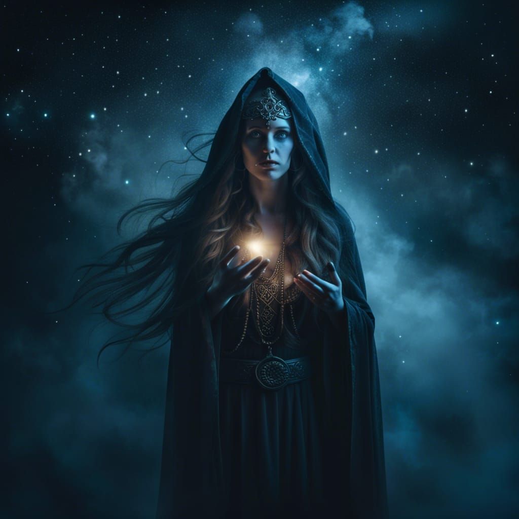 Celtic Priestess Conjuring Stars in Ethereal Light