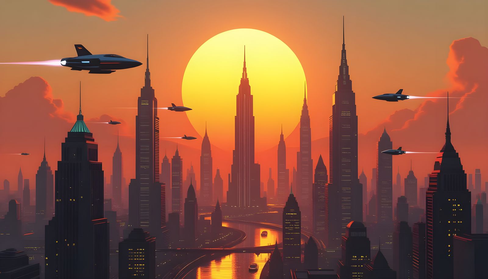 Retro-Futuristic Cityscape at Sunrise