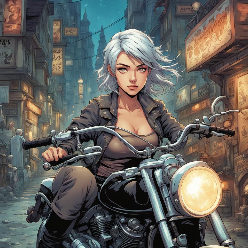 Anime Woman Rides Motorcycle in Comic Book Art Style