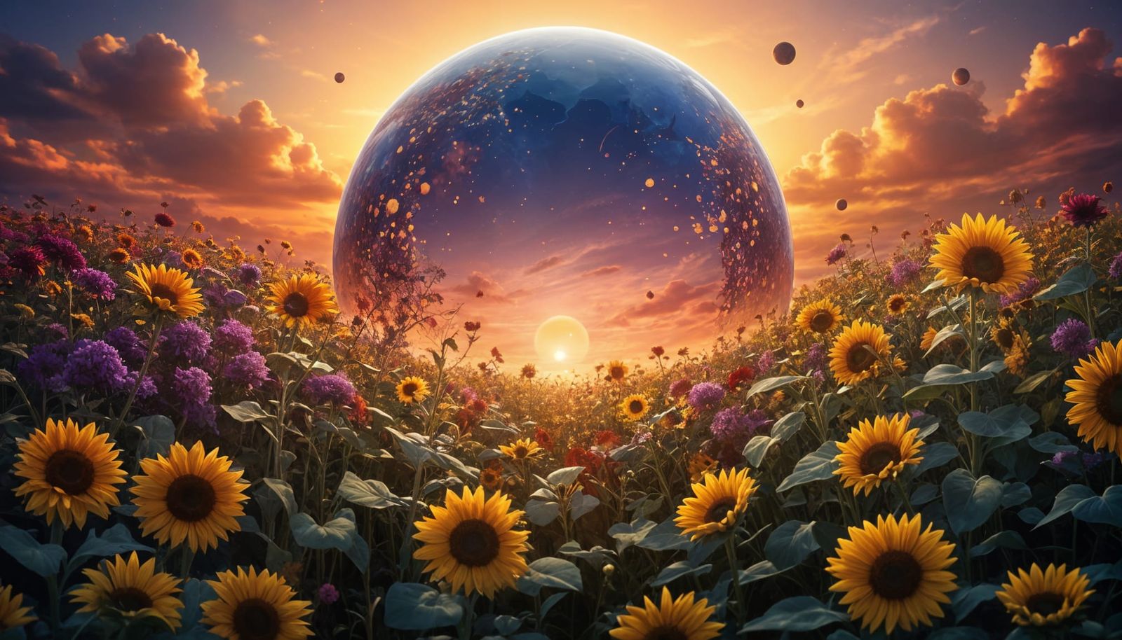 Sunflower Heart in a Celestial Art Deco Landscape