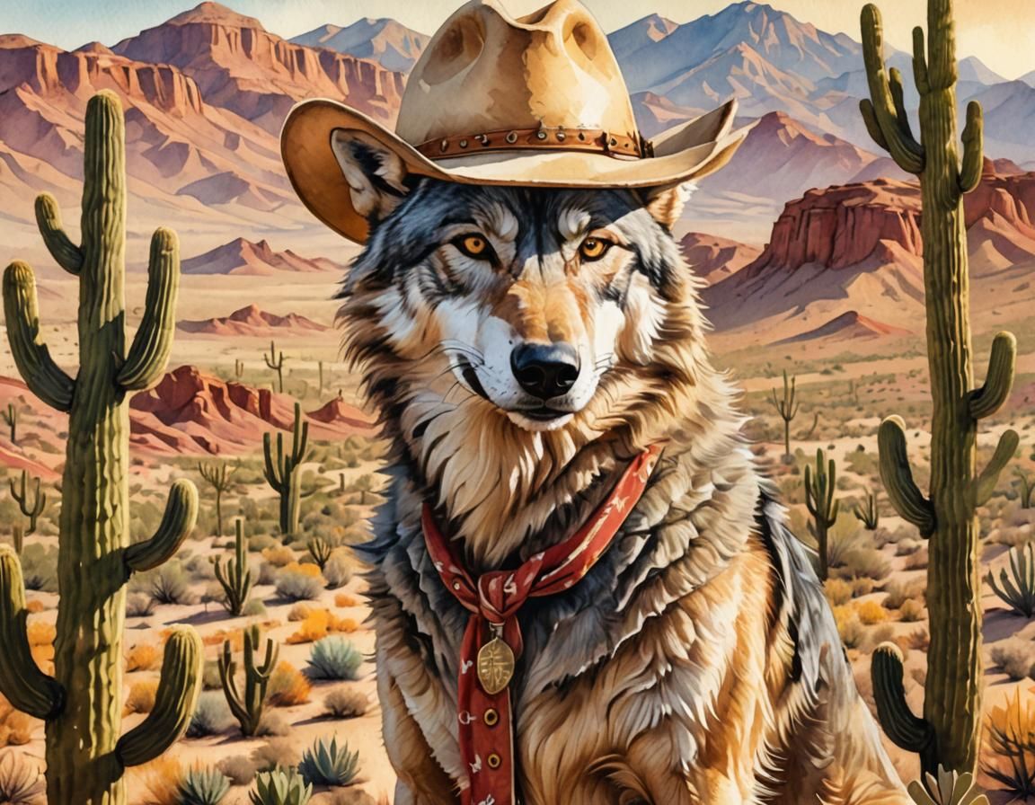 Wolf in Cowboy Hat, Watercolor Art Deco Style