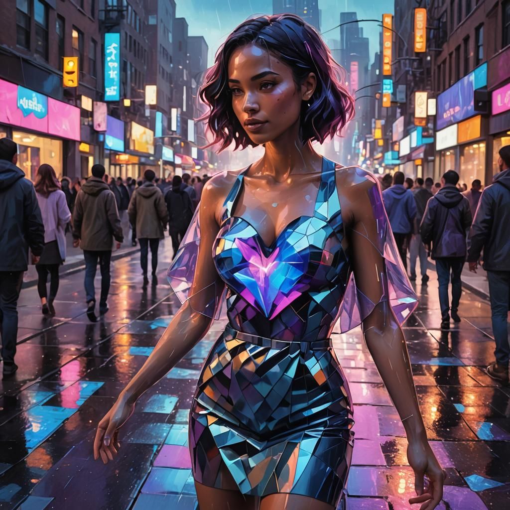 Woman with Translucent Heart in Neon Cubism Style