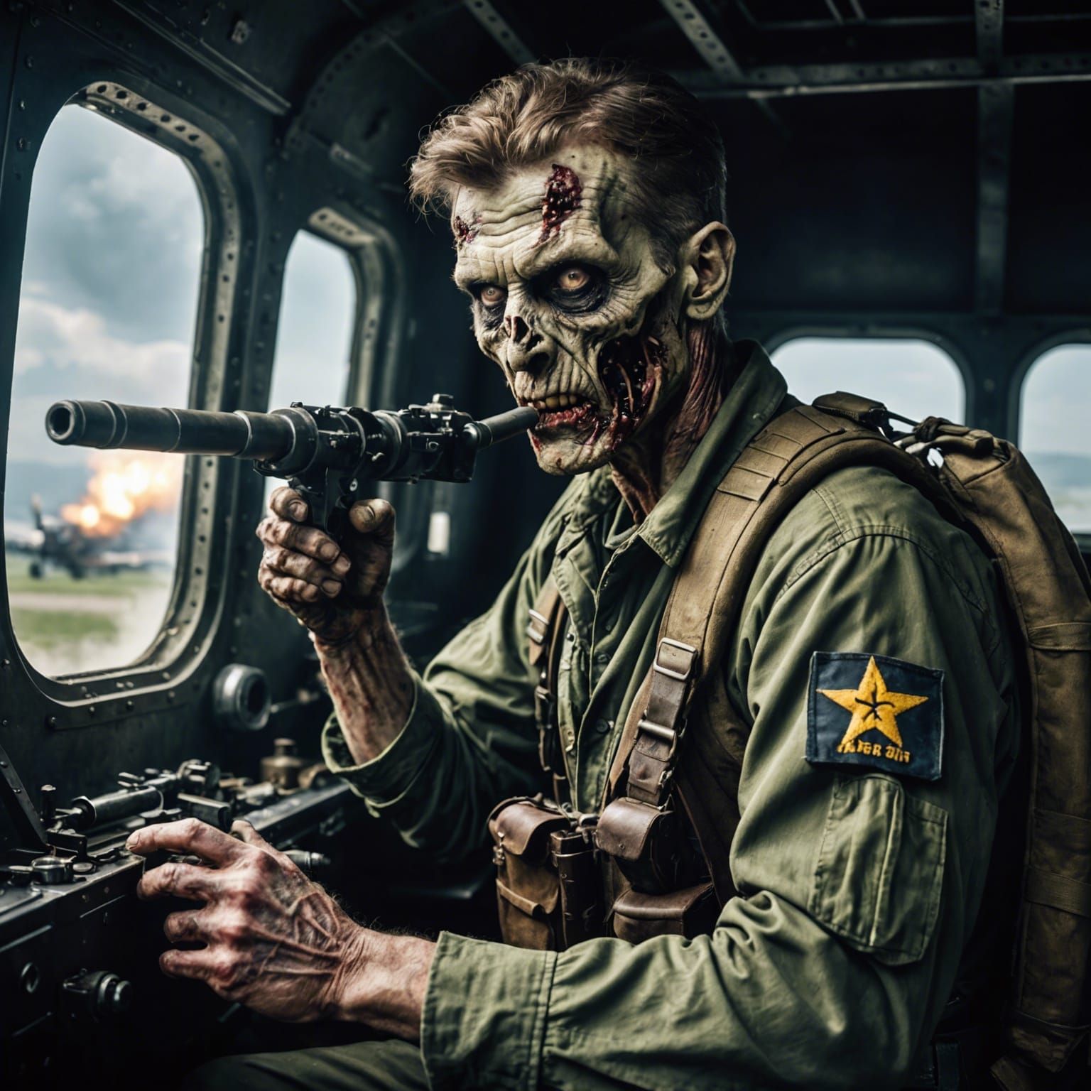 Zombie Gunner Portrait in WWII Bomber