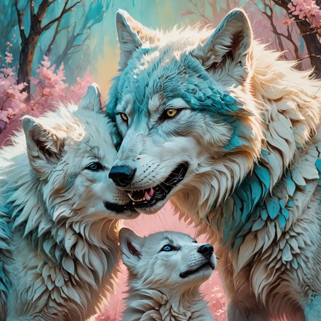 Blue Wolf Mother's Affection: Fauvist Style