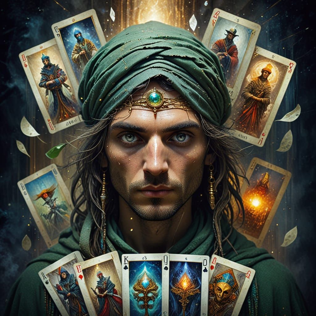 Mysterious Sage Scumbling Tarot Cards in Dreamlike Style