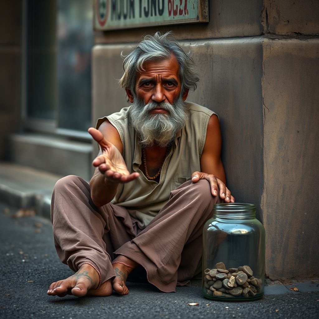 Beggar with Offering Jar: Portrait in Studio Lighting