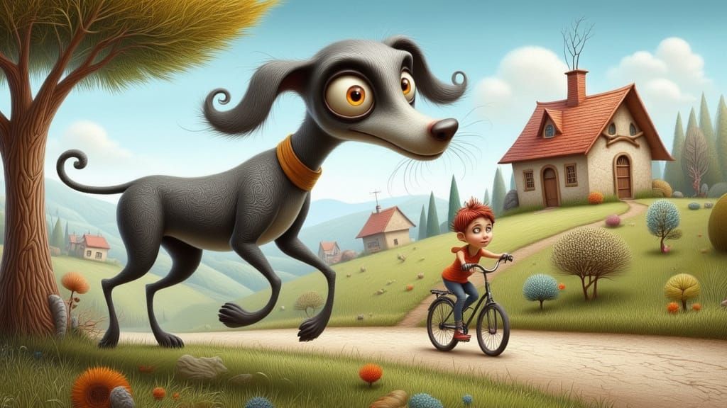 Girl with Red Hair Rides Bicycle Chasing Weimaraner Dog