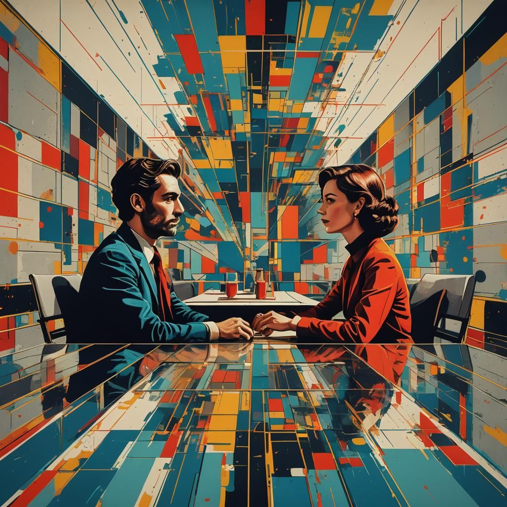 Dramatic Couple at Table in Geometric Pop Art