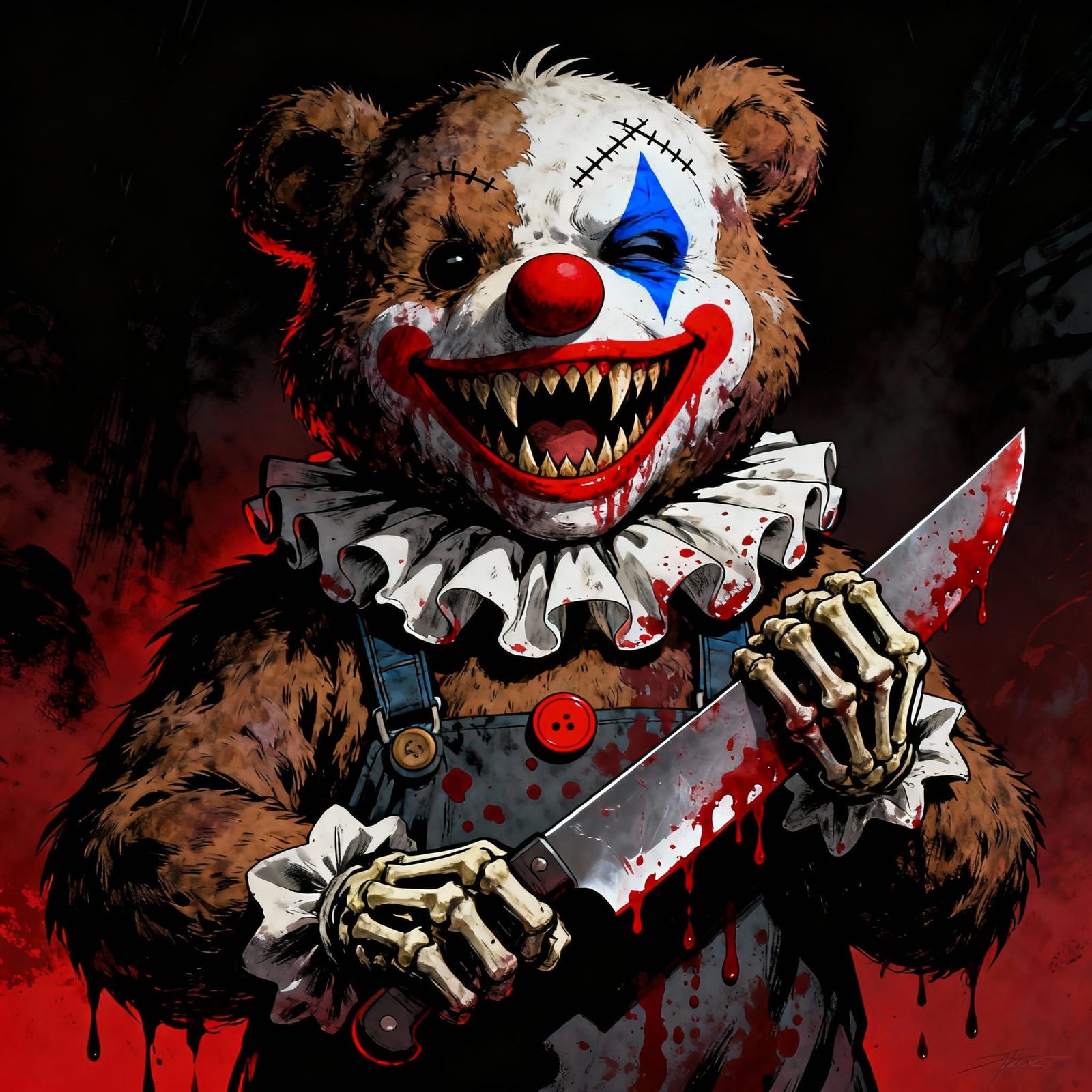 Grotesque Clown-Bear Hybrid with Knife