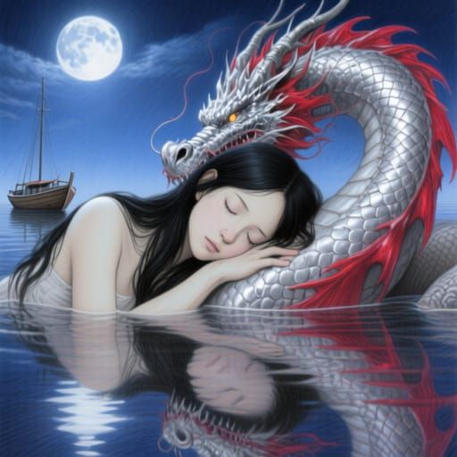 Woman Sleeps on Dragon in Pencil Drawing Style