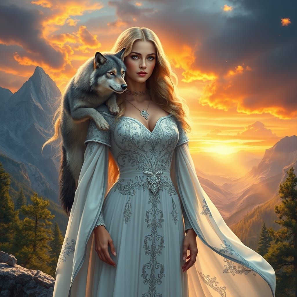 Regal Woman with Gray Wolf in Majestic Mountain Landscape