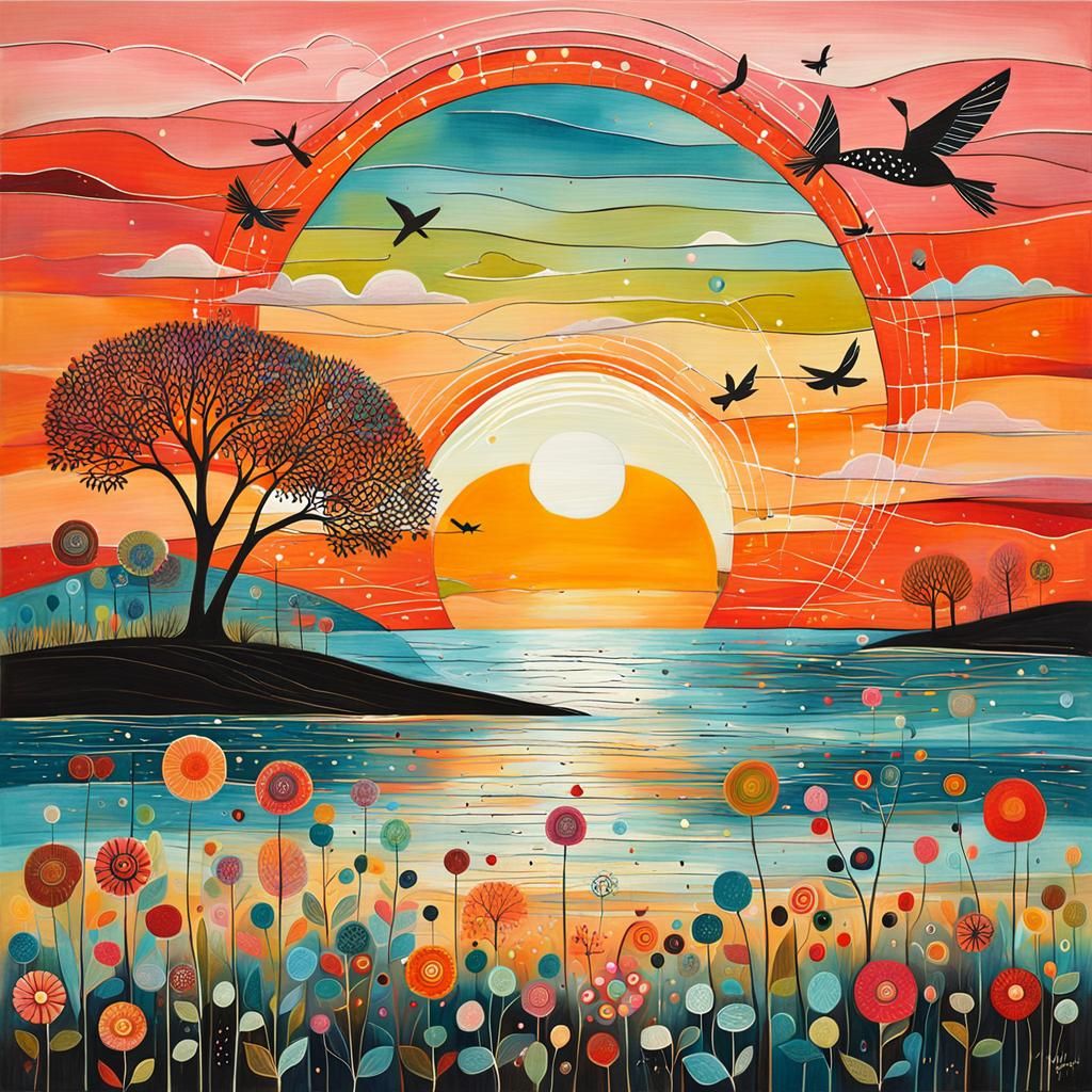 Colorful Sunset in Collage Art Style