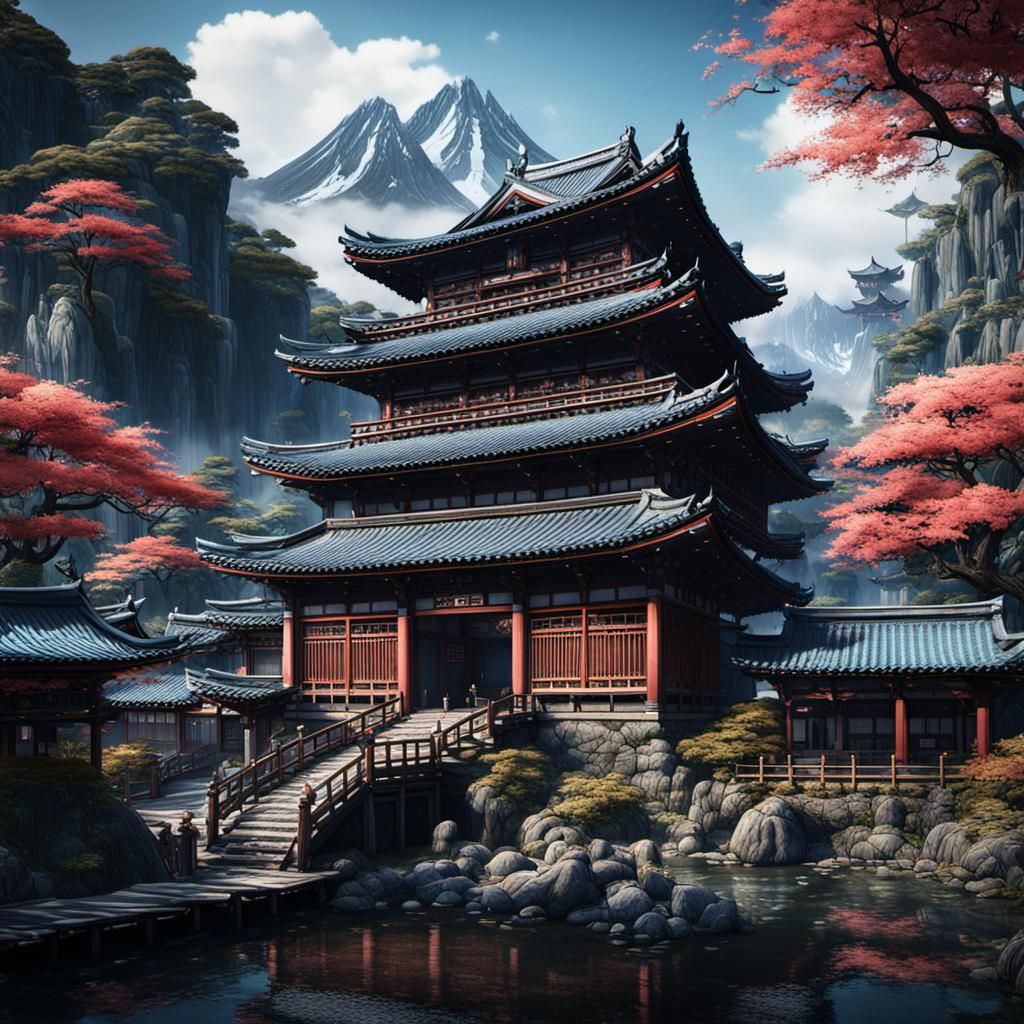Detailed Matte Painting of Japan in Deep Color